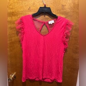 Fyve hot pink lace sleeve vneck blouse cap sleeve ruffle lace fringe top L